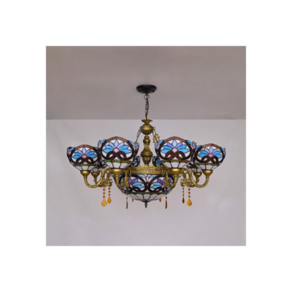 Suspension Light Tiffany 9 Lights Crystal Chandelier Light with Bowl Glass Shade in Blue for Bedroom