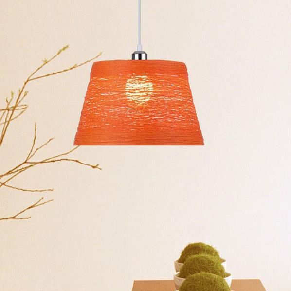 Rattan Trapezoid Hanging Pendant Lamp Rustic One Head Suspension Lighting in Red/Orange/White/Brown/Begie