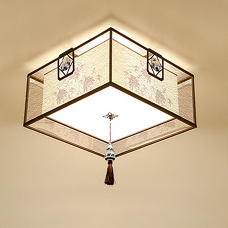 Beige Geometric Semi Flush Mount in Traditional Simplicity Wrought Iron Ceiling Light with Fabric Shade