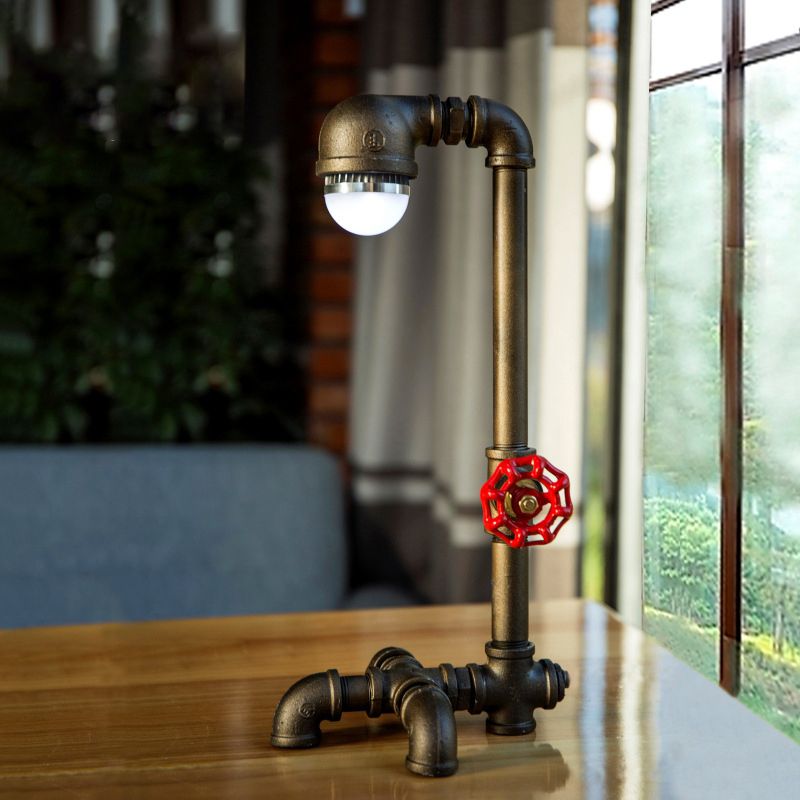 Black Pipe Table Light Farmhouse Iron 1-Light Living Room Night Lamp with Valve Deco