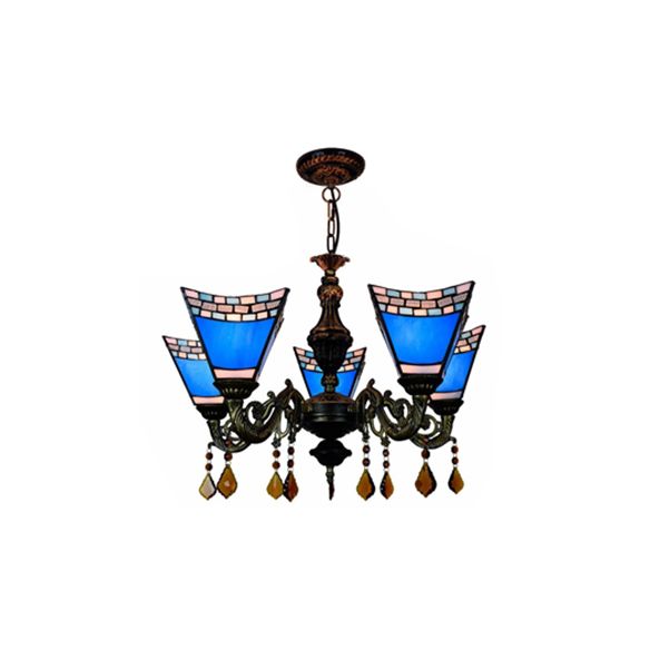 Geométrique Hanging Light Retro Style Treated Verre 5 Bulbes Chandelier avec pendentifs en cristal en jaune / bleu pour chambre à coucher