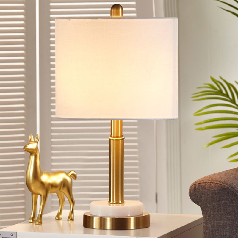 Metal Cylindrical Nightstand Light Simple 1-Light White Fabric Night Table Lamp for Living Room