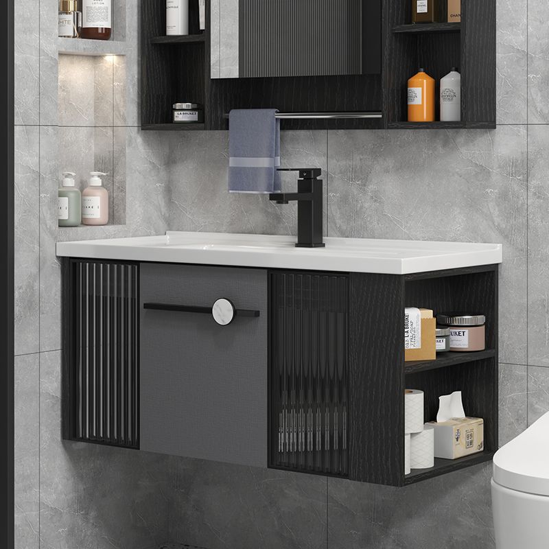 Modern Wall Mount Bathroom Vanity Black Glass Single-Sink Rectangular Vanity Sink