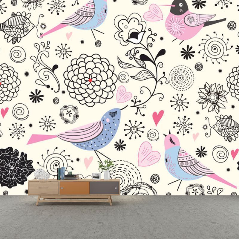 Large Bird and Flower Mural Black-Pink Non-Woven Wall Art, Stain Resistant, Personalized Size