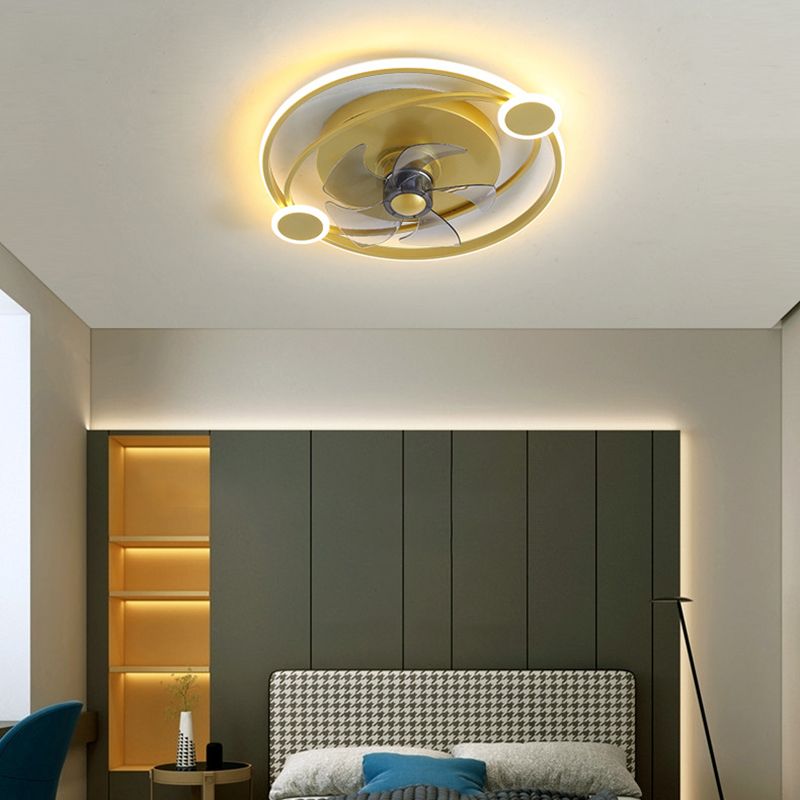 7-Blade Contemporary Ceiling Fan Golden LED Fan with Light for Foyer