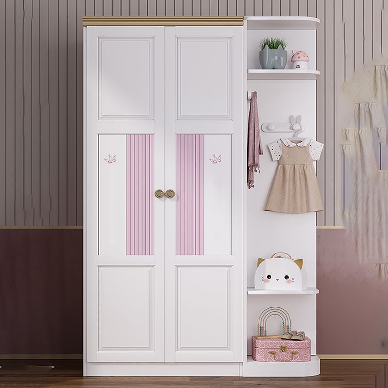 White and Pink Wardrobe Closet with Door Solid Wood Bedroom Armoire