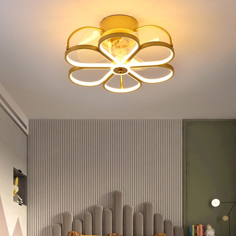 Minimalist Flower Semi Flush Mount Lamp Metal Living Room LED Ceiling Fan Light Fixture