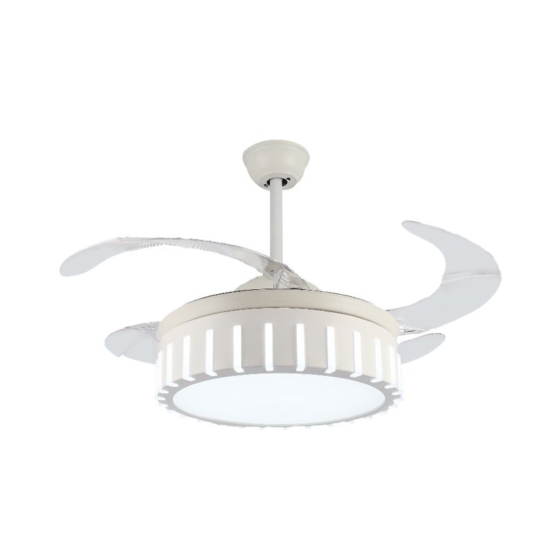 Simple Drum Semi Flush Ceiling Lamp Metal LED Pendant Fan Light in White with 4 Clear Blades for Bedroom, 42" Wide