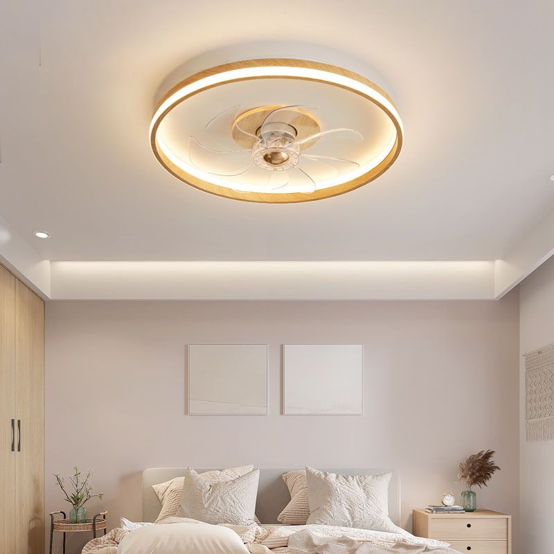 Iron and Wood Ceiling Fan Round LED Contemporary Fan Light Fixture