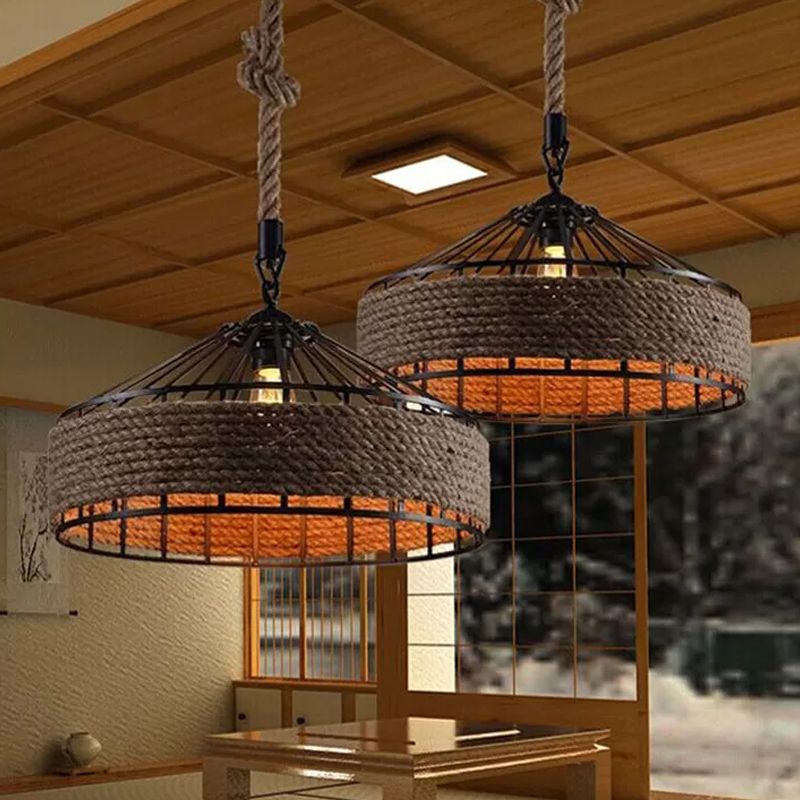 12"/16"/19.5" W 1 Bulb Pendulum Light Lodge Sushi House Drop Pendant with Barn Roped Cage in Brown