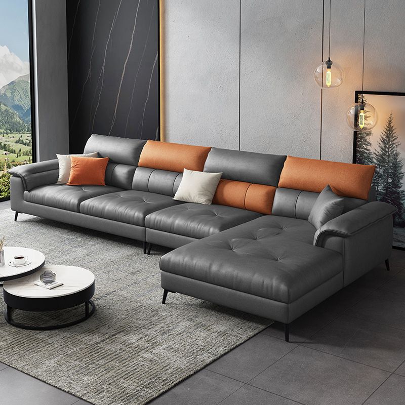 137.8" W x 70.87" D x 35.43" H Faux Leather Sofa & Chaise Modern Sewn Pillow Back Sofa