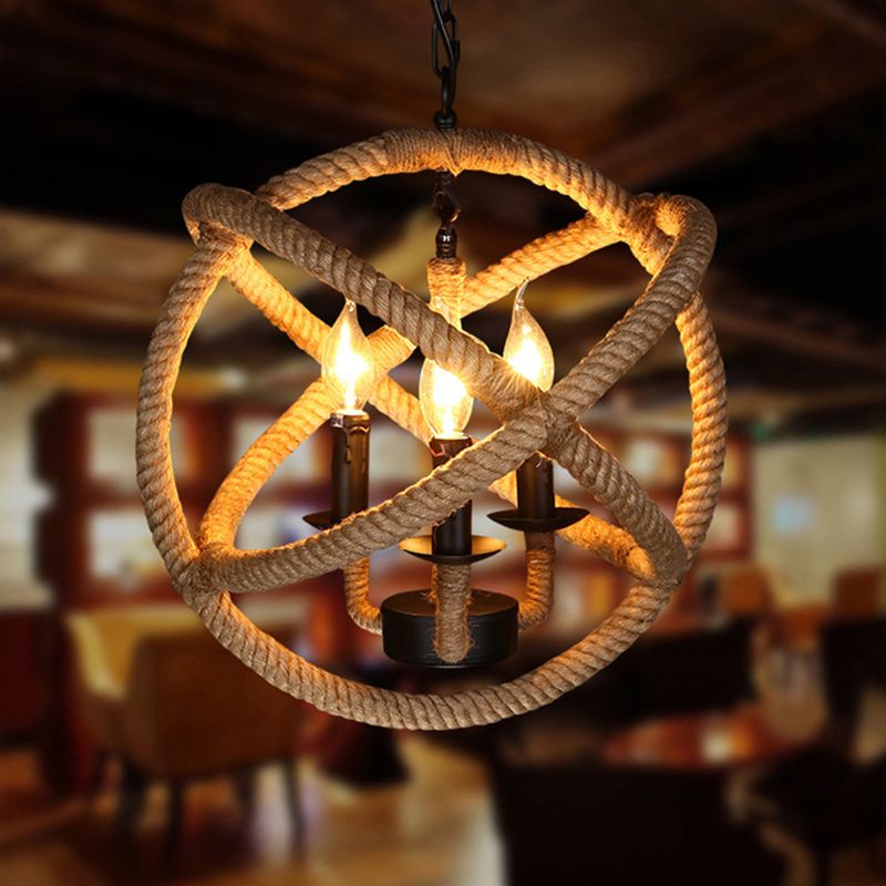 Globe Metal Pendant Lighting Industrial 3 Lights Hemp Rope  Chandelier Hanging Light Fixture in Black