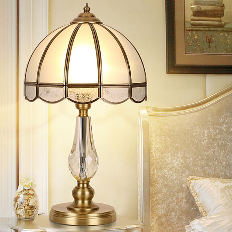 1 Bulb Night Table Lamp Vintage Scalloped Shade Beige/Frosted Glass Nightstand Light in Gold with Clear Crystal Accent