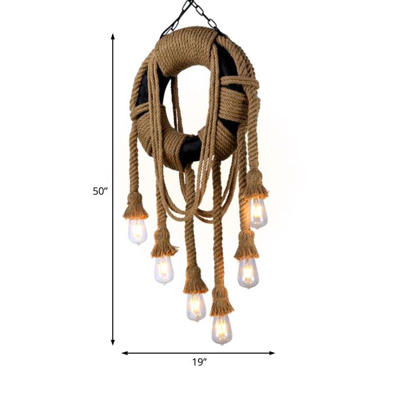 Rope Black Pendant Lamp Tyre 6 Lights Industrial Chandelier Light Fixture for Coffee Shop