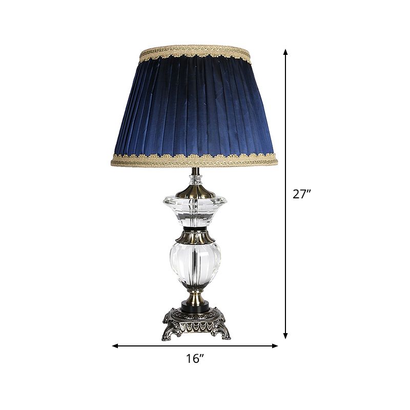 Tapered Drum Crystal Desk Light Contemporary Fabric 1 Head Night Table Lamp in Blue