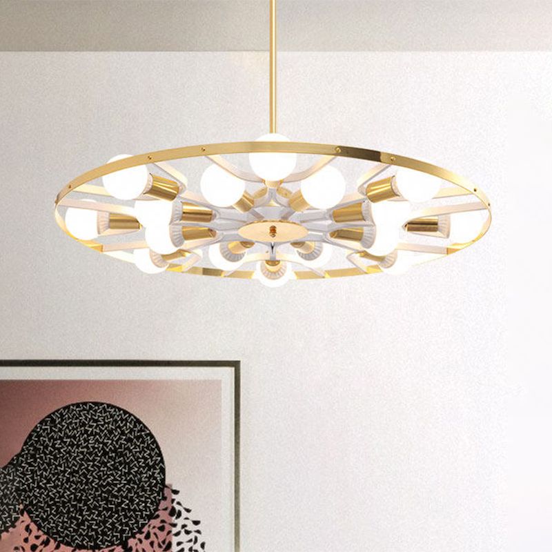 Gold Ring Bare Bulb Chandelier 16 Lights Post Modern Metallic Ceiling Light Fixture