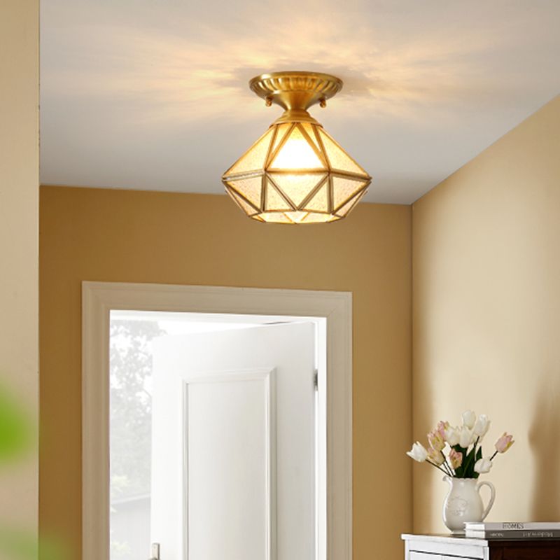 Full Brass European Style Ceiling Light with Glass Shade 1 Light Polyhedron Flush-mount Light for Bedroom