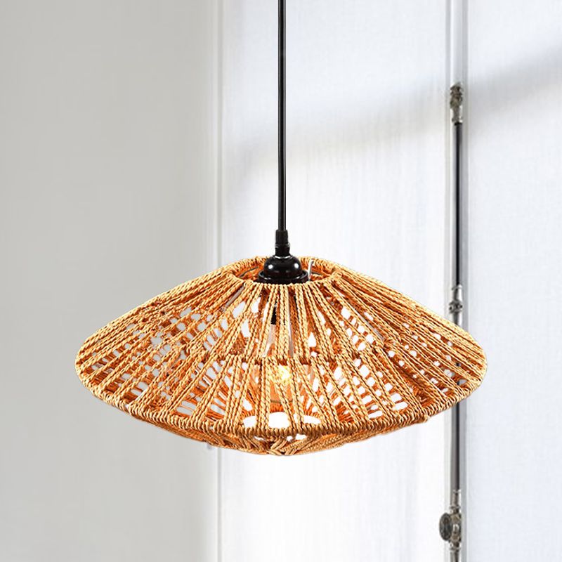 Asian Style Flying Saucer Hanging Light Fixture Rattan 1 Light Restaurant Pendant Lamp in Beige