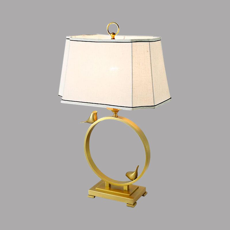 Fabric Brass Desk Lamp Paneled Cuboid 1 Light Rustic Style Night Lighting with Bird Deco