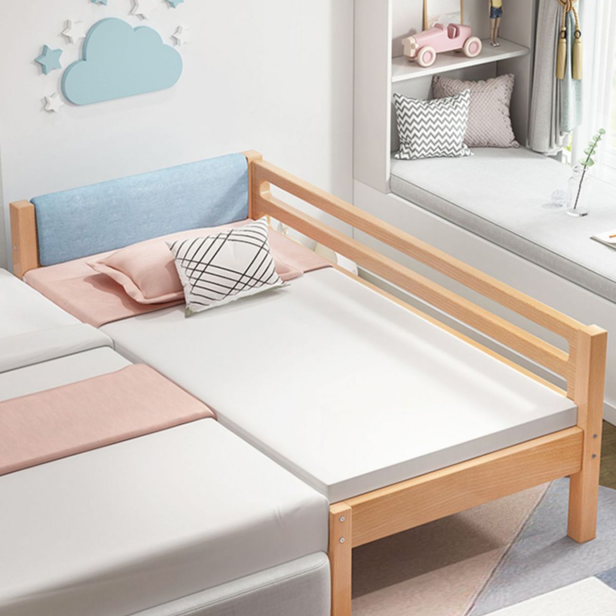 Nordic Style Solid Beech Nursery Bed with Mattress and Guardrail