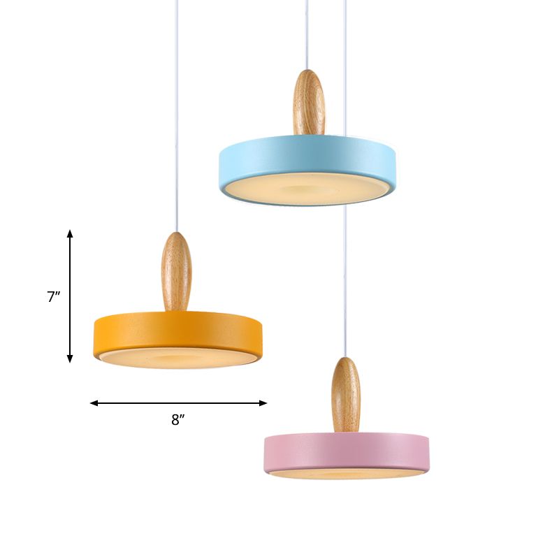 Circle Metal Hanging Pendant Light Contemporary 3 Lights Blue and Pink and Yellow Ceiling Light