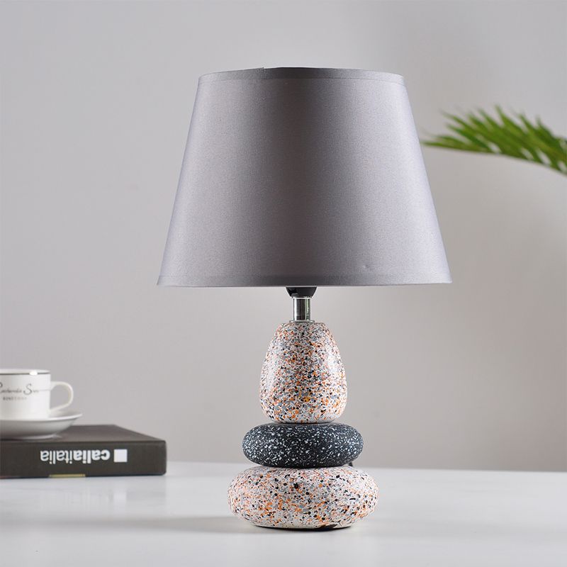 Ceramics Stone Shape Night Light Modernist LED Night Table Lamp in Black/Grey with Fabric Shade