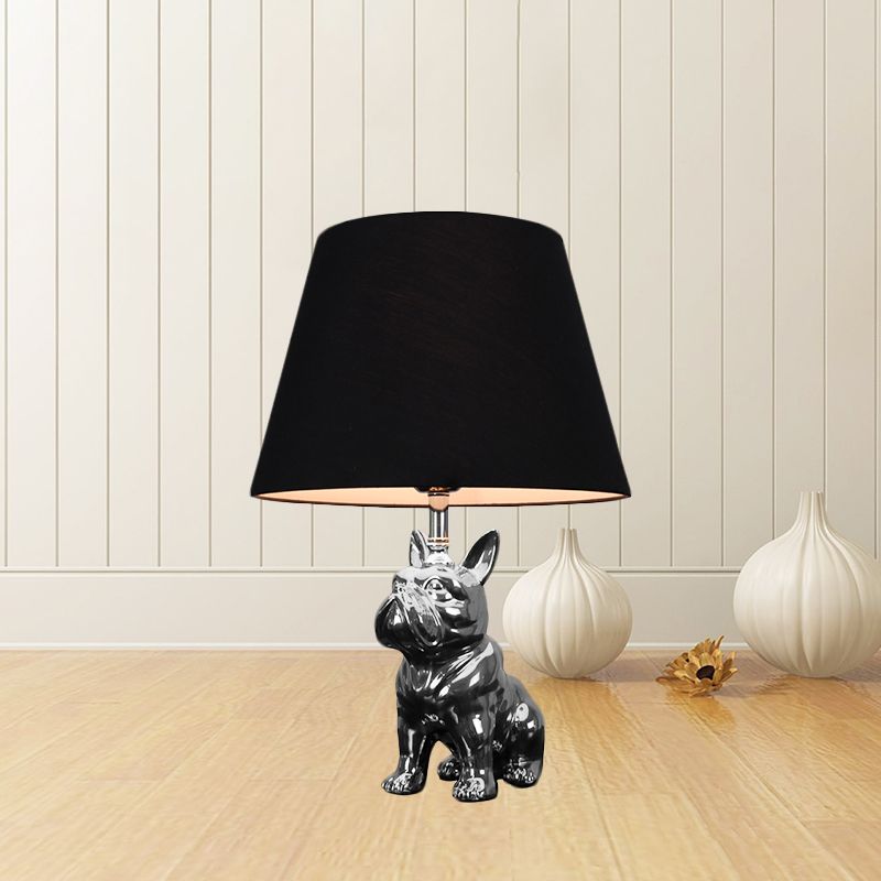 Silver/Gold 1 Head Night Lamp Traditional Resin Dog Nightstand Light with Conical Fabric Shade for Bedroom