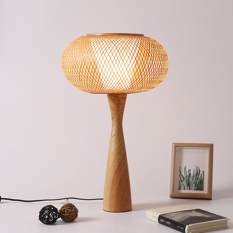 1 Head Handcrafted Task Lighting Aian Bamboo Desk Lamp in Beige with Flared Wood Base