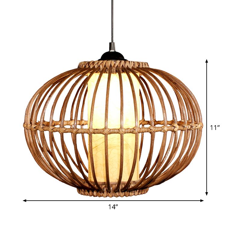 Bamboo Lantern Affermazione del soffitto Asian 1 Bulb Marrone Apparecchio di illuminazione a sospensione con tonalità di pergamena del cilindro interno