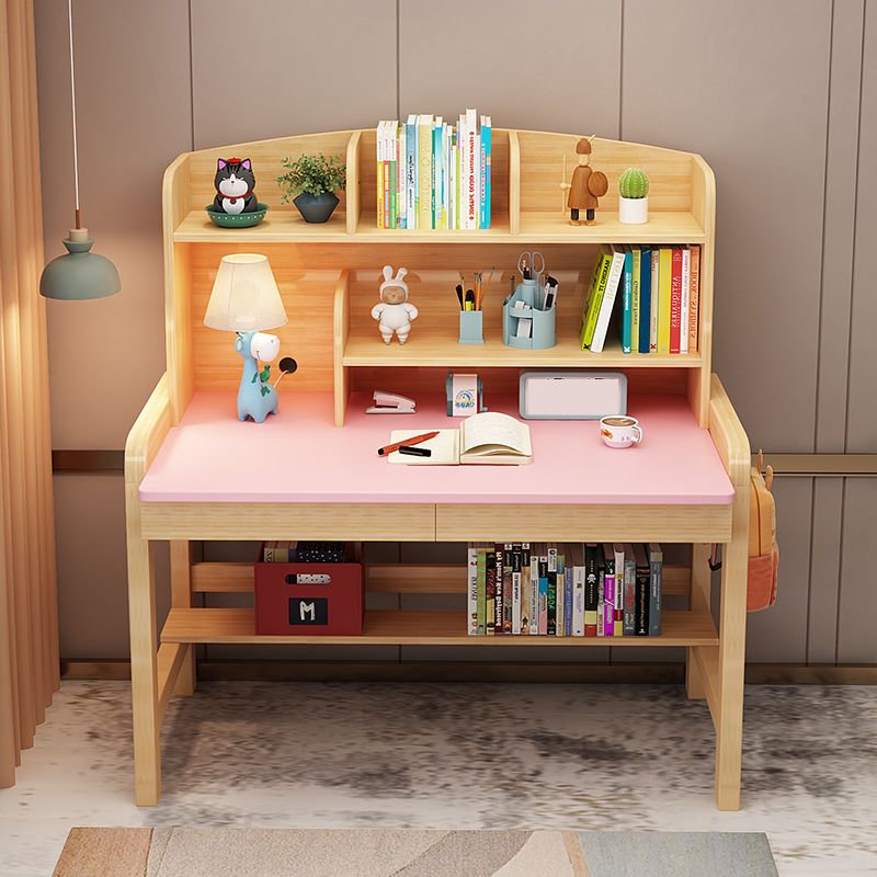 Solid Wood Writing Desk Table and Chairs Set Adjustable Kid's Desk with Storage Shelves