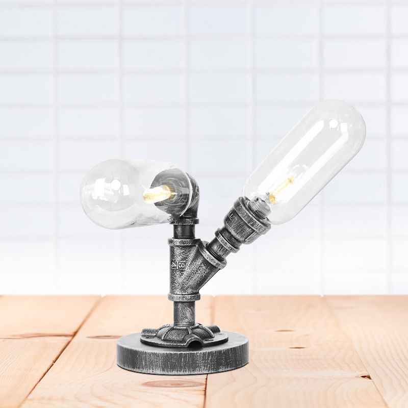 Capsule Clear/Amber Glass Night Light Farmhouse 2/3 Heads Tearoom LED Table Lamp with Pipe Base