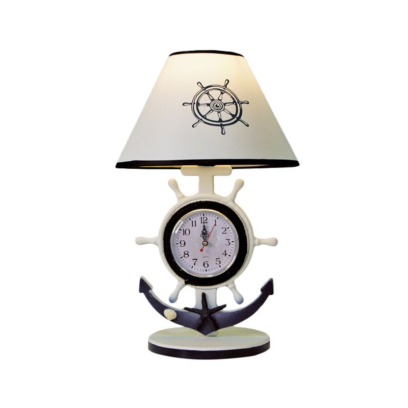 Rudder Base Table Lighting Children Style Resin Single Bulb Blue Shaded Night Stand Lamp with Clock Design