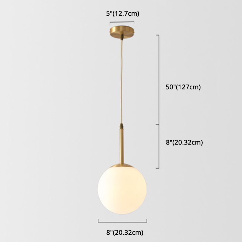 Brass 1-Light Pendant Light Mid-Century Modern Spherical White Glass Hanging Lamp