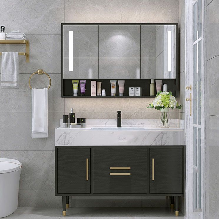 Double Sink Vanity Set 2 Doors Rectangle Freestanding Metal Frame Vanity with Mirror