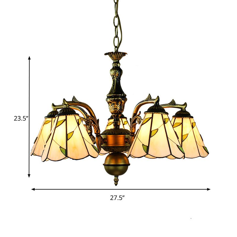 Curved Arm Chandelier Light with Hanging Chain and Leaf Glass Rustic 5 Lights Pendant Lamp in Beige