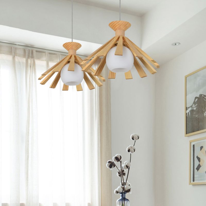 Single-Bulb Dining Room Hanging Light Contemporary Wood Pendant Ceiling Light with Ball Cream Glass Shade