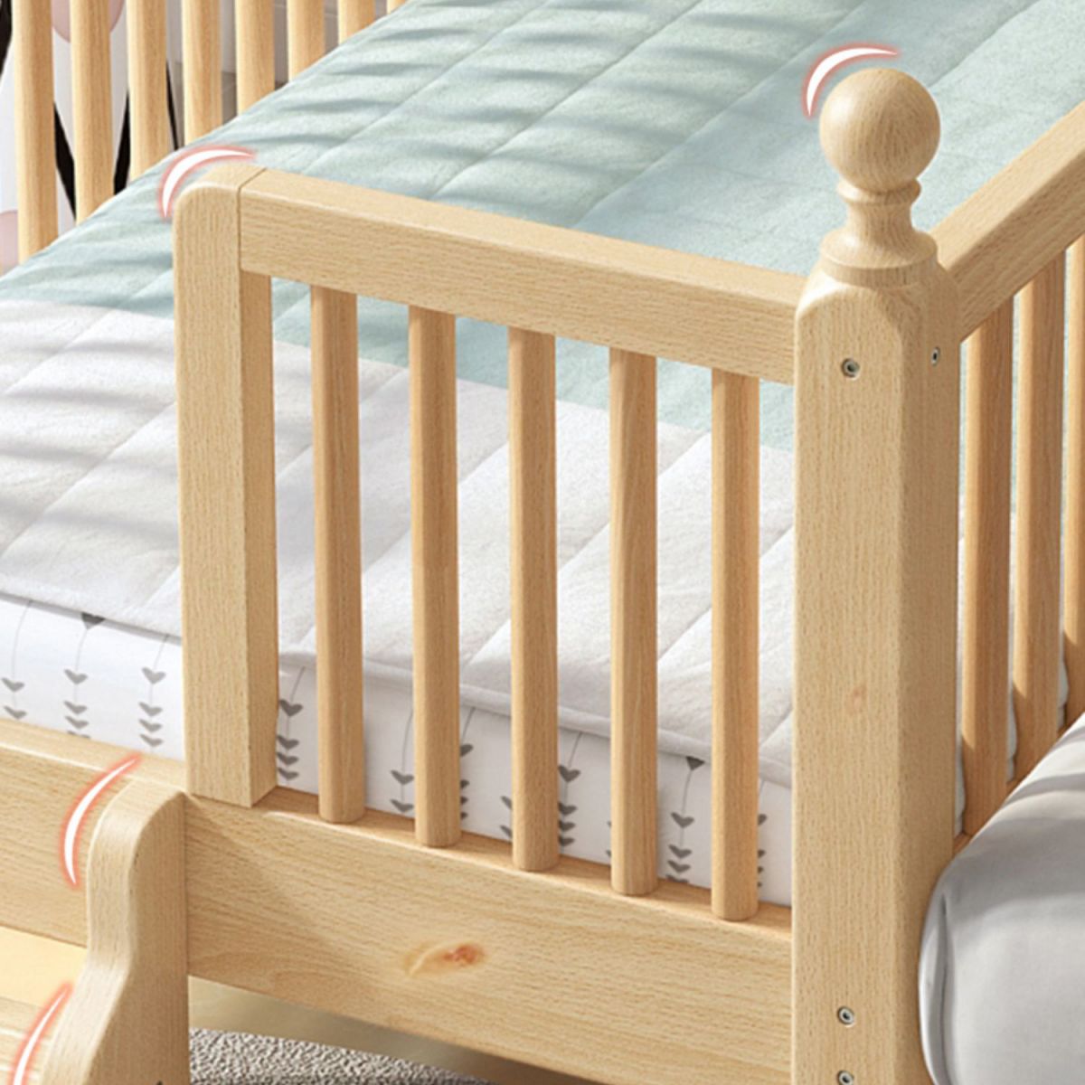 Light Wood Baby Crib Standard Pine Nursery Bed with Guardrail