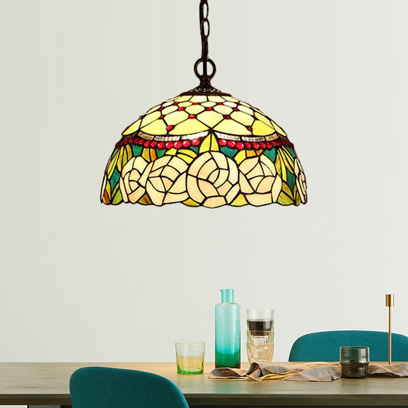 1/2 lumières Cuisine Chandelier Pendant Light Light Méditerranéen Bronze Plafond Lampe à teinte en verre rouge / jaune en dôme, 12 "/ 16" W