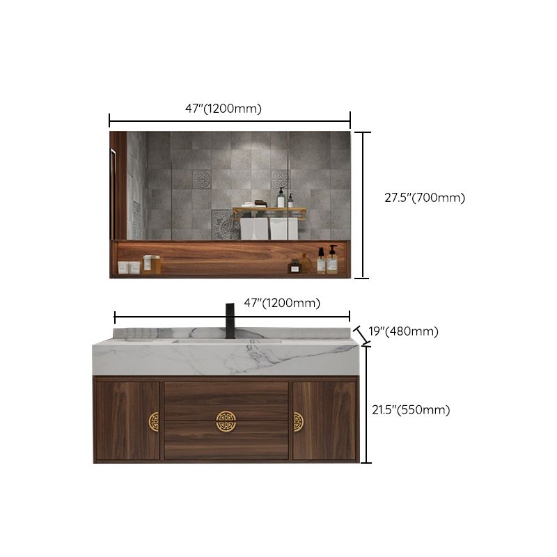 Wood Frame Vanity 2 Drawers Wall Mount Single Sink Rectangle Bathroom Vanity with Mirror