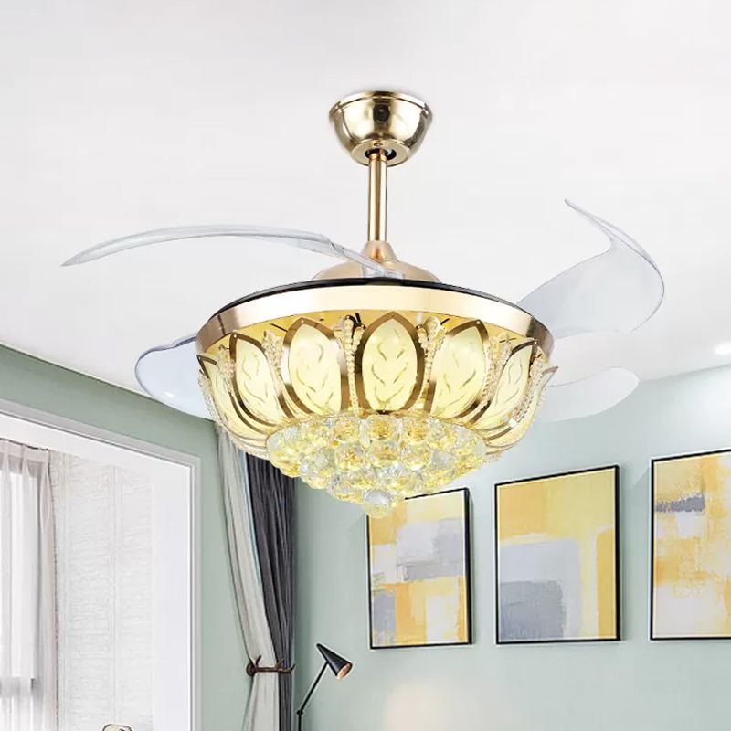 16 "brede bloem semi -spoelbevestiging eenvoudige kristal orb eetkamer led hangende ventilatorlicht met 4 messen