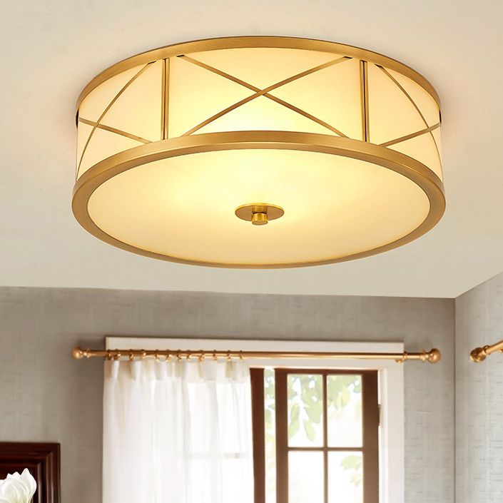 Frosted White Glass Flush Light Colonial Brass Drum Shaped Bedroom Ceiling Light