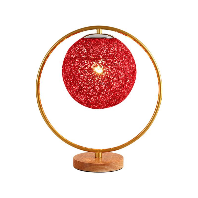 Beige/Red Sphere Desk Lamp Minimalism Single Head Fabric Night Lighting with Round Frame Design