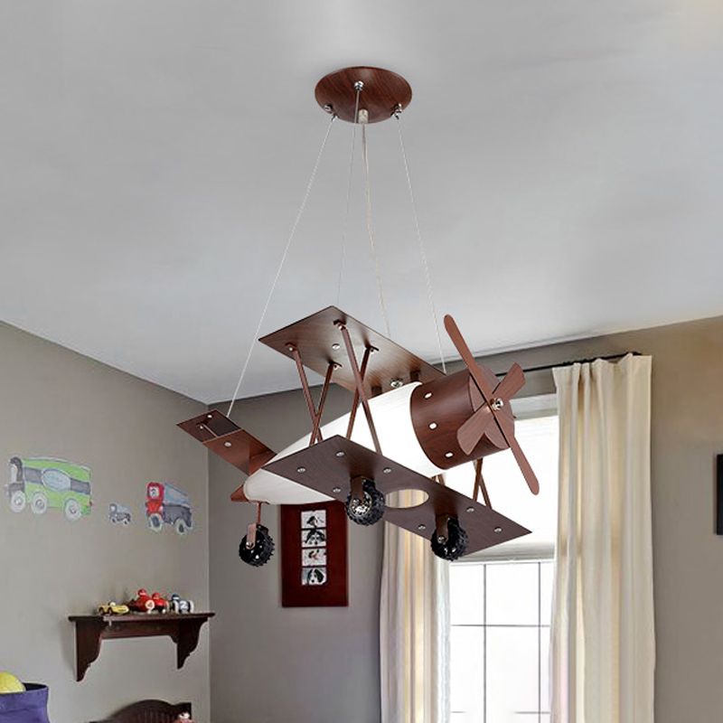 Kids Single-Blue Chandelier Coffee Finish Biplane Ceiling Suspension Lamp with Opal Glass Shade