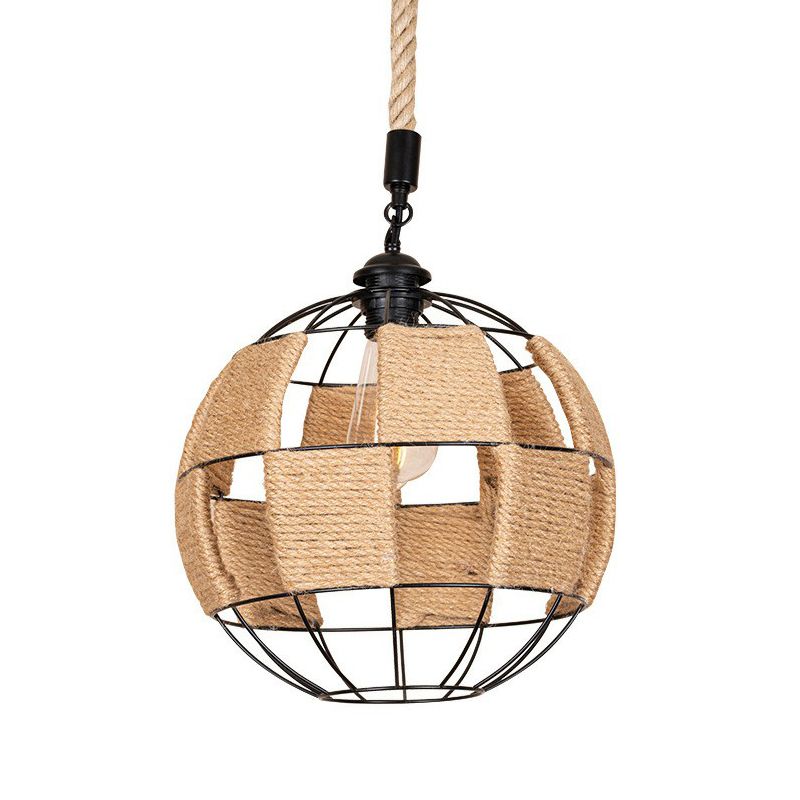 Single Hemp Rope Pendant Lamp Cottage Style Brown Globe Aisle Hanging Ceiling Light