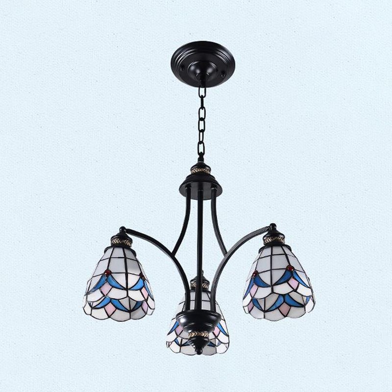 Scrolling Arm Stained Glass Chandelier Mediterranean 3/5/8 Lights Black Suspension Lighting Fixture