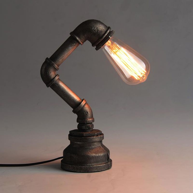 Industrial Water Pipe Table Lighting with Exposed Bulb 1 Light Wrought Iron Mini Standing Table Light in Bronze