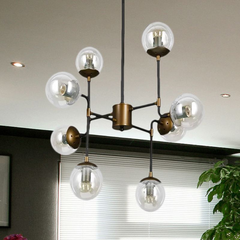 Black / Chrome / Globe en verre transparent Chandelier suspendu industriel 8/9-Light Living Room Pendant Light