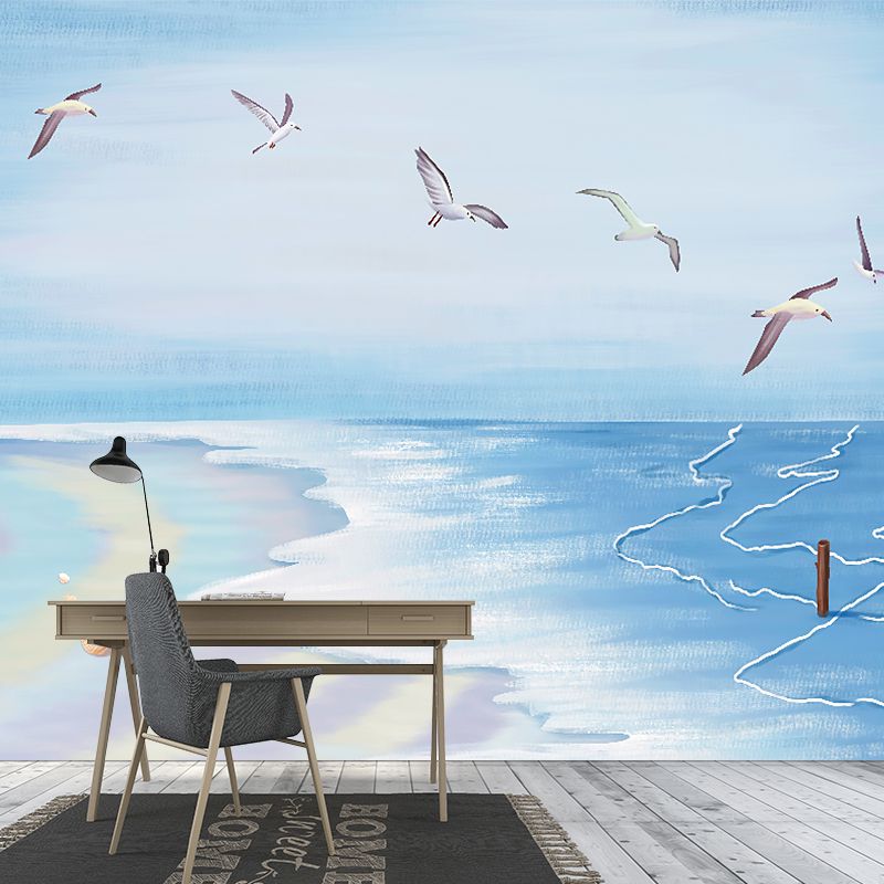 Blue Seashore and Gulls Mural Wallpaper Moisture Resistant Wall Covering for Accent Wall