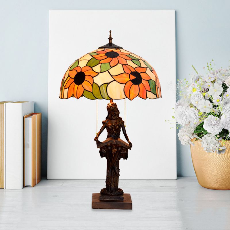 Little Girl Reading Book Table Lamp 2 Lights Resin Baroque Pull-Chain Nightstand Light with Sunflower Red/Orange Glass Shade