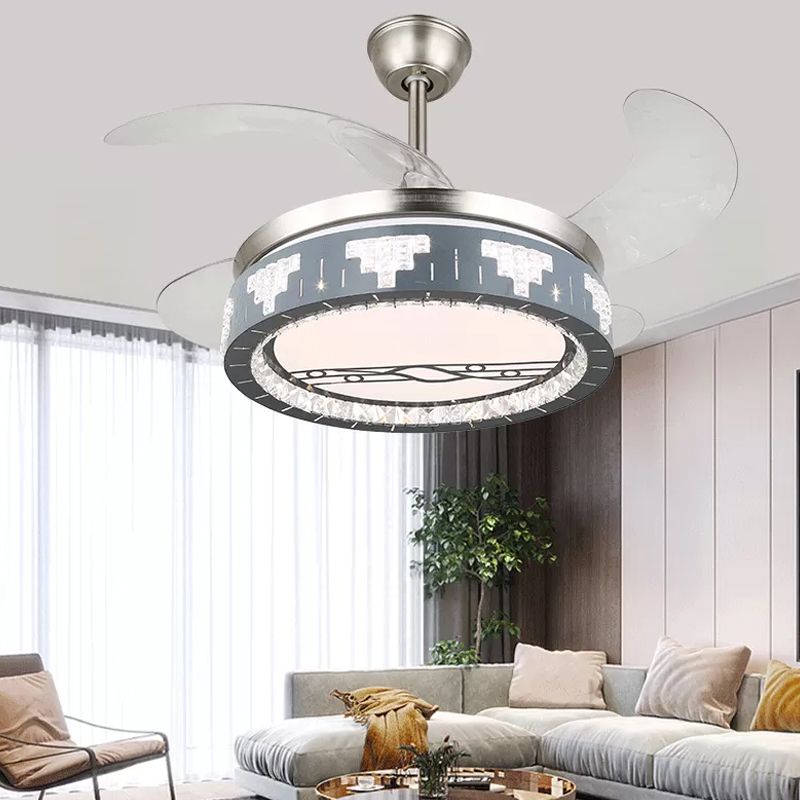 4-Blade Faceted Crystal Round Pendant Fan Light Modernity LED Silver Semi Mount Lighting, 19" Wide